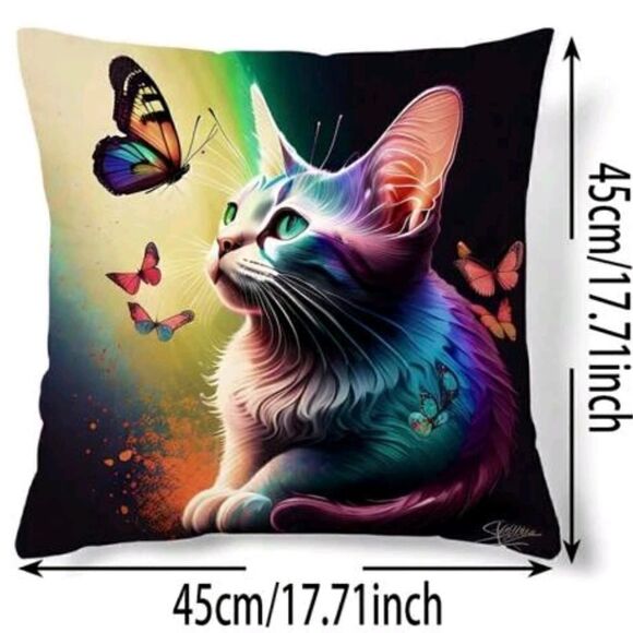 Colorful Kitty Cat Butterfly Art Design Zippered Pillowcase for Accent Pillow - Picture 2 of 4